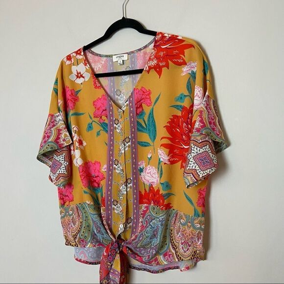Umgee-floral Tie Front Button Down Short Sleeve (Small) - Picture 2 of 6